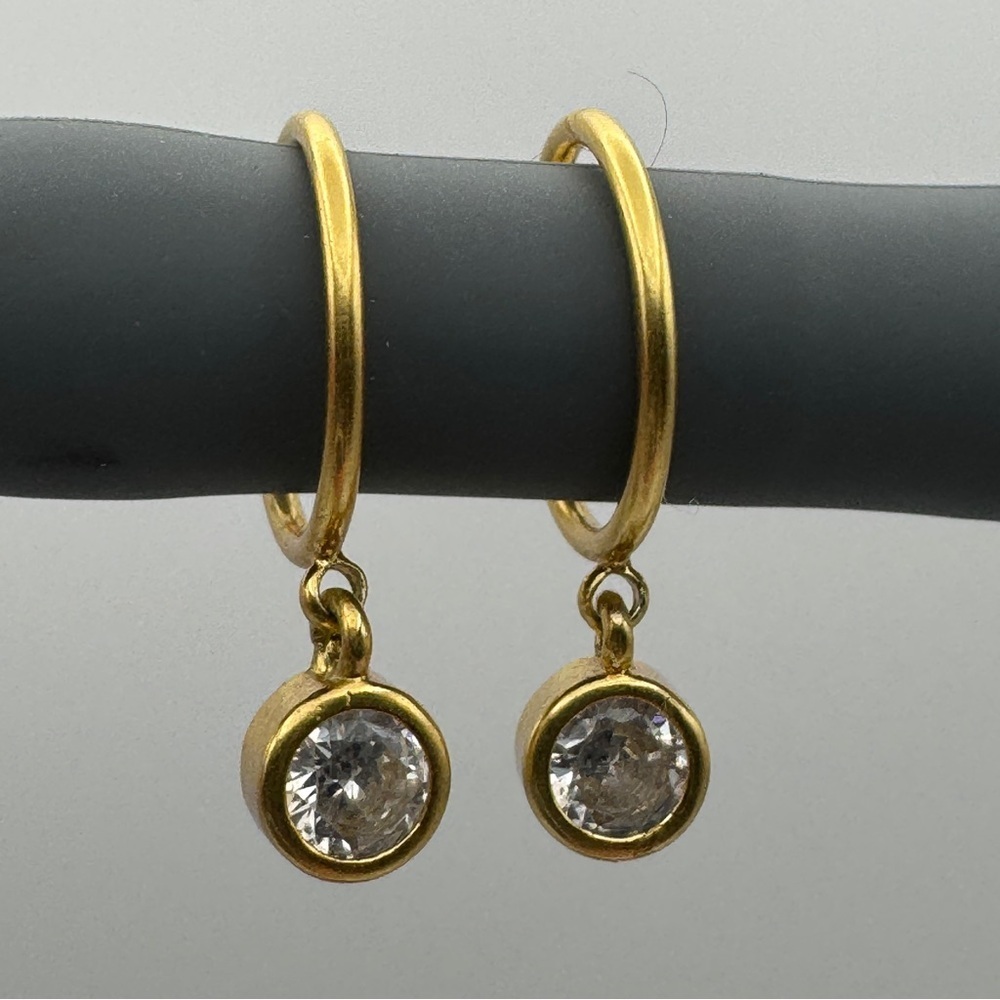 10k Gold Plated Sterling Silver CZ Hoop Dangle Earrings Bezel Set